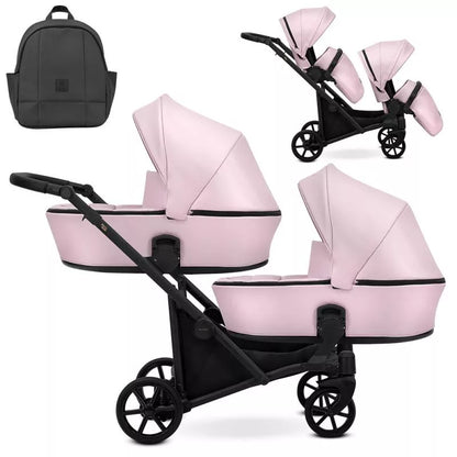 Cochecito gemelar Kunert Brav Duo 2 en 1, cuero ecológico, Rosa Bebé/chasis Negro