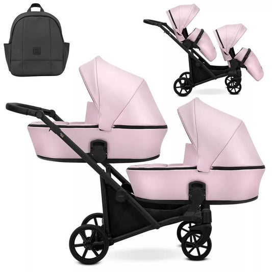 Cochecito gemelar Kunert Brav Duo 2 en 1, cuero ecológico, Rosa Bebé/chasis Negro