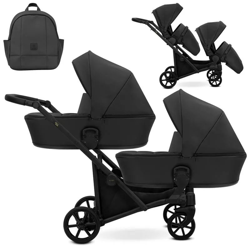 Cochecito para gemelos Kunert Brav Duo 2 en 1, piel sintética, Negro/chasis Negro