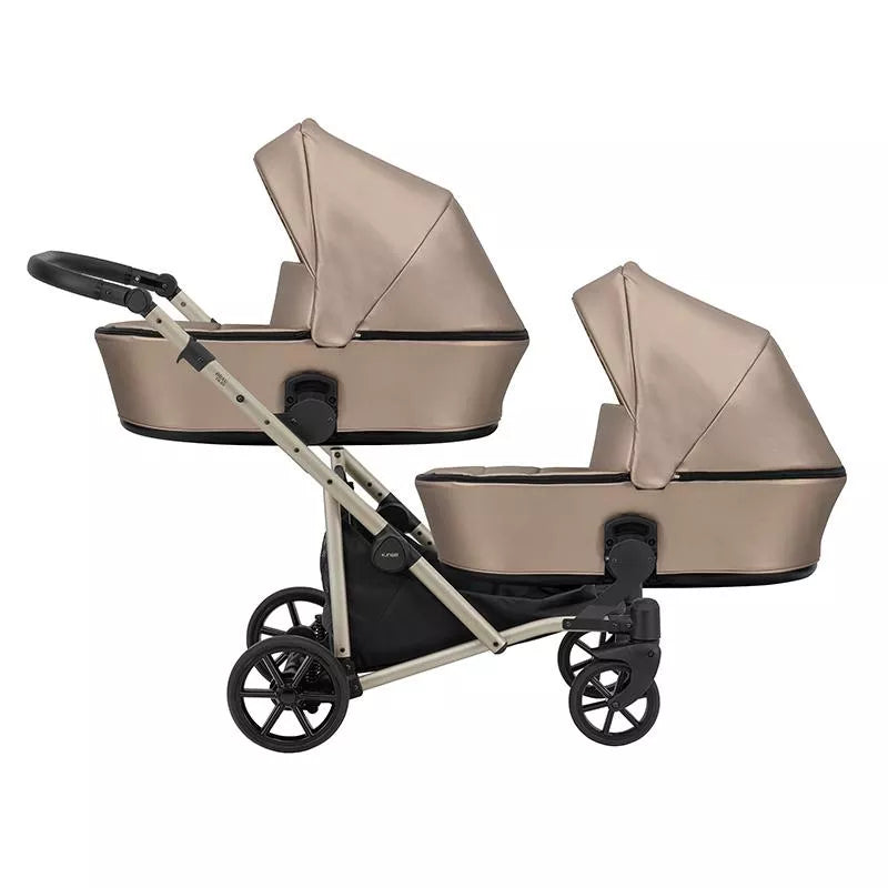 Cochecito gemelar Kunert Brav Duo 2 en 1, cuero ecológico, Capuchino/estructura Champaña