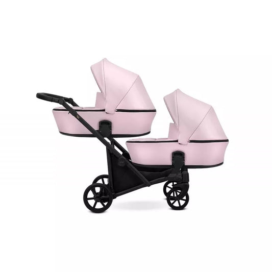 Cochecito gemelar Kunert Brav Duo 2 en 1, cuero ecológico, Rosa Bebé/chasis Negro