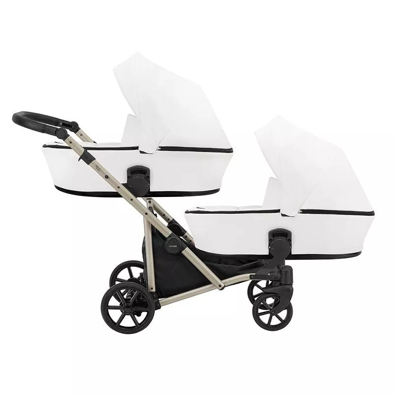 Cochecito gemelar Kunert Brav Duo 2 en 1, cuero ecológico, Blanco/chasis Champagne