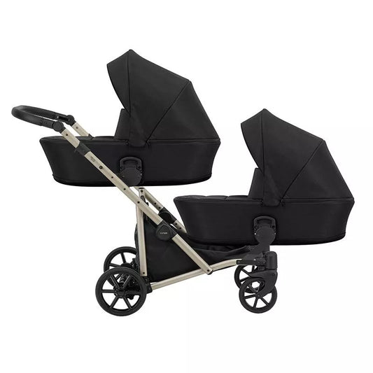 Cochecito gemelar Kunert Brav Duo 2 en 1, polipiel, Negro/chasis Champagne
