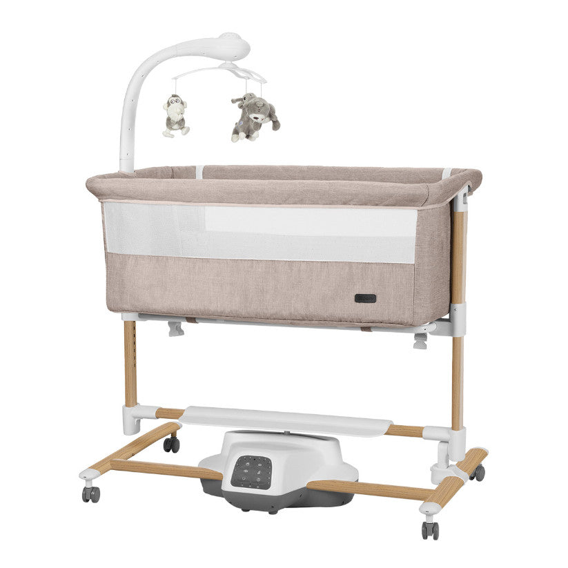 Cuna mecedora eléctrica Carrello Bloom Cream Beige Wooden, máx. 9 kg, 85x50 cm, con sensor de movimiento, mando a distancia, 7 modos de balanceo, 5 velocidades, temporizador, carrusel eléctrico con proyector