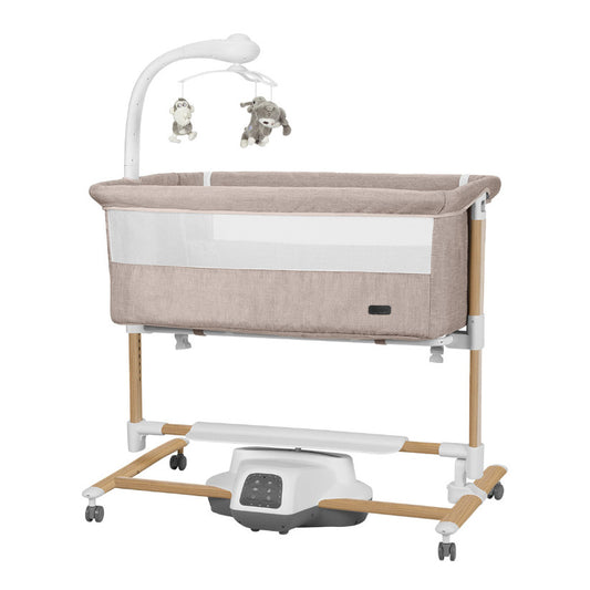Cuna mecedora eléctrica Carrello Bloom Cream Beige Wooden, máx. 9 kg, 85x50 cm, con sensor de movimiento, mando a distancia, 7 modos de balanceo, 5 velocidades, temporizador, carrusel eléctrico con proyector