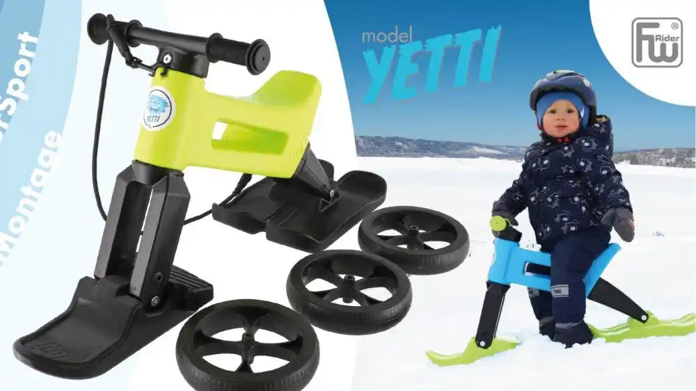 O bicicletă de echilibru convertibilă care se transformă într-un ski-scooter, potrivită pentru copii mici.