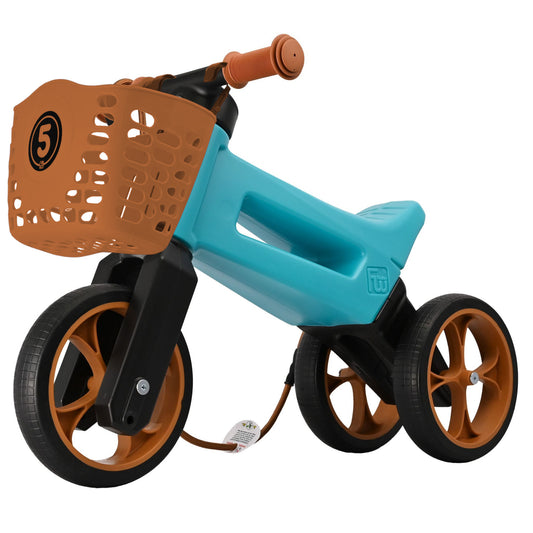 Bicicleta sin pedales con cesta para manillar, 2 en 1, 18+ meses, neumáticos y puños de goma, 4 niveles de ajuste de altura, Funny Wheels Rider SuperSport Aqua/Brown