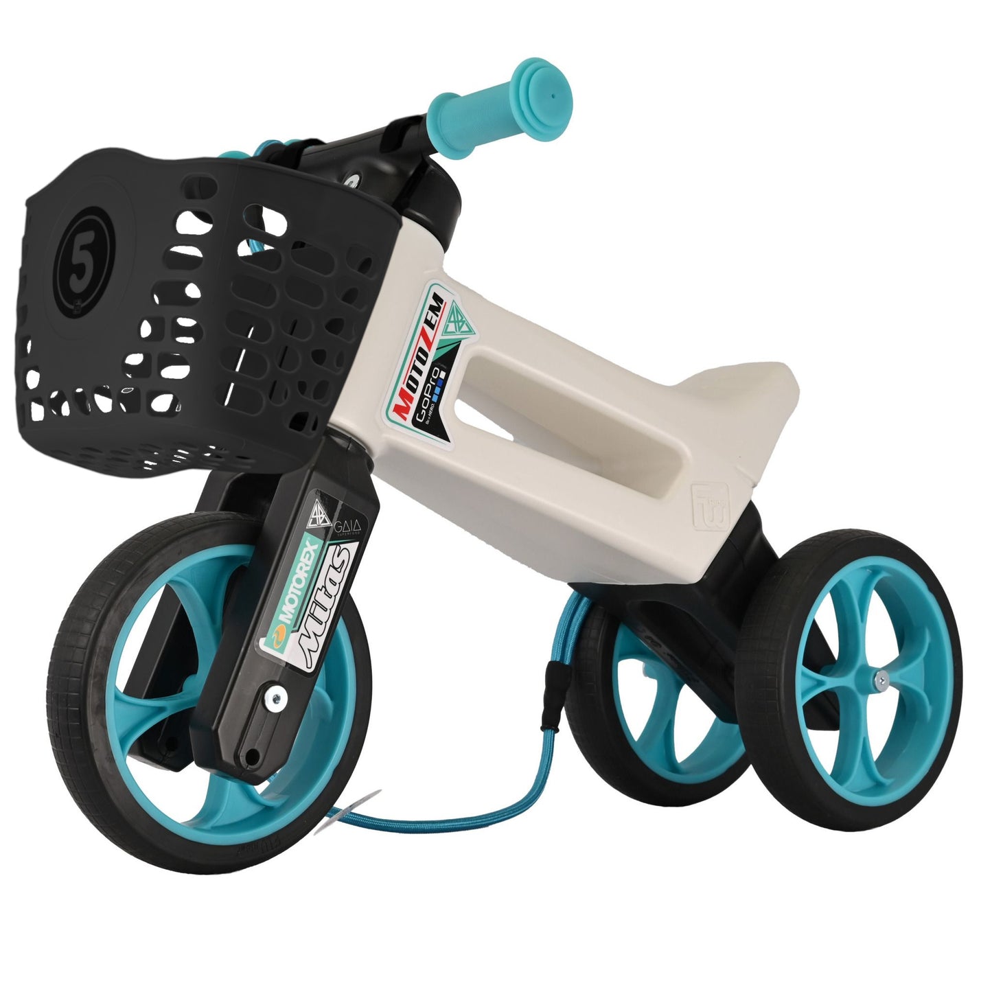 Bicicleta fara pedale cu cosulet pentru ghidon, 2 in 1, 18+ luni, pneuri si manere de cauciuc, 4 nivele de reglaj pe inaltime, Funny Wheels Rider SuperSport Dakar Podmol/Black