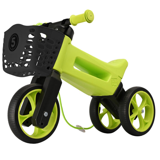 Bicicleta sin pedales con cesta para manillar, 2 en 1, 18+ meses, neumáticos y puños de goma, 4 niveles de ajuste de altura, Funny Wheels Rider SuperSport Lima/Negro