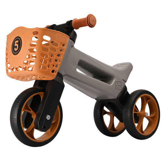 Bicicleta sin pedales con cesta para el manillar, 2 en 1, 18+ meses, neumáticos y puños de goma, 4 niveles de ajuste de altura, Funny Wheels Rider SuperSport Matte Grey/Brown