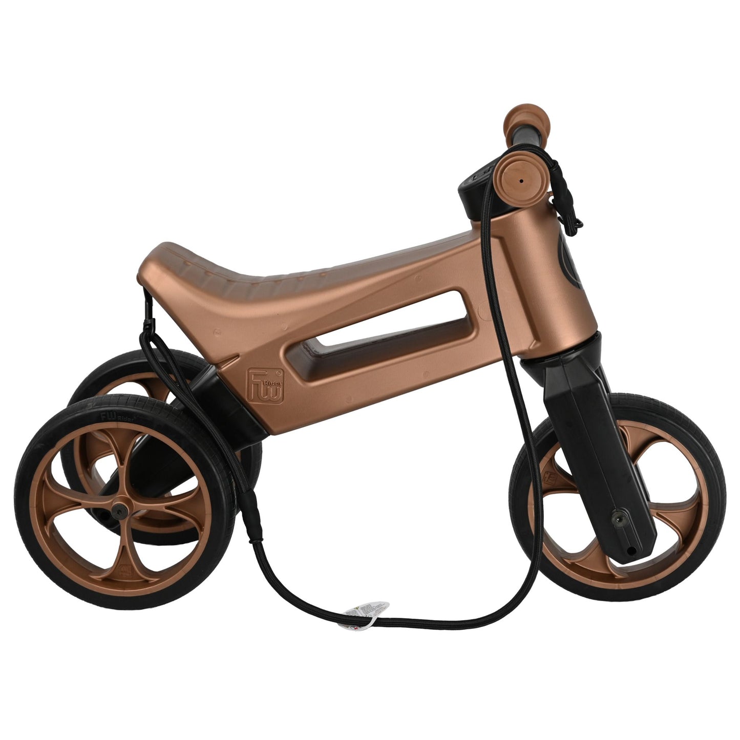 Bicicleta sin pedales con cesta para el manillar, 2 en 1, 18+ meses, neumáticos y puños de goma, 4 niveles de ajuste de altura, Funny Wheels Rider SuperSport Cobre/Negro