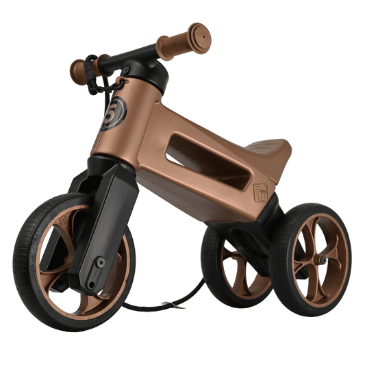 Bicicleta sin pedales con cesta para el manillar, 2 en 1, 18+ meses, neumáticos y puños de goma, 4 niveles de ajuste de altura, Funny Wheels Rider SuperSport Cobre/Negro