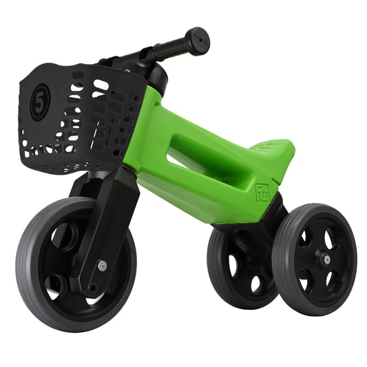 Bicicleta sin pedales con cesta para manillar, 2 en 1, 18+ meses, neumáticos de goma, 4 niveles de ajuste de altura, Funny Wheels Rider Sport Verde/Negro