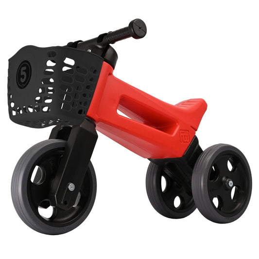 Bicicleta sin pedales Funny Wheels Rider Sport Rojo/Negro, con cesta para manillar, 2 en 1, 18+ meses, neumáticos de goma, 4 niveles de ajuste de altura