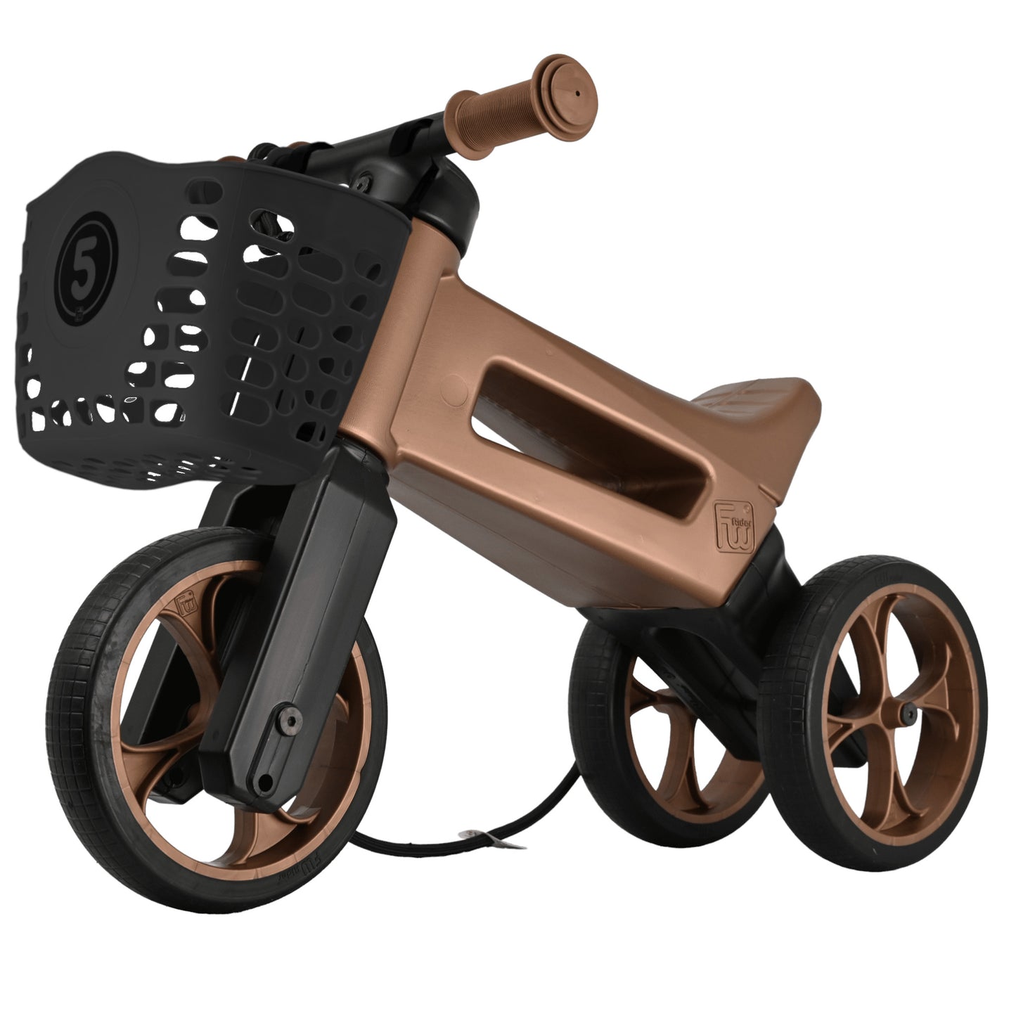 Bicicleta sin pedales con cesta para el manillar, 2 en 1, 18+ meses, neumáticos y puños de goma, 4 niveles de ajuste de altura, Funny Wheels Rider SuperSport Cobre/Negro