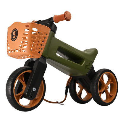 Bicicleta sin pedales con cesta delantera, 2 en 1, 18+ meses, neumáticos y puños de goma, 4 niveles de ajuste de altura, Funny Wheels Rider SuperSport Khaki/Brown