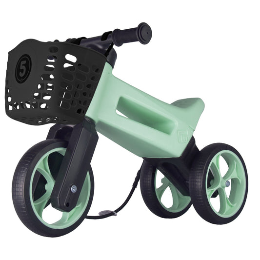 Bicicleta sin pedales con cesta para manillar, 2 en 1, 18+ meses, neumáticos y puños de goma, 4 niveles de ajuste de altura, Funny Wheels Rider SuperSport Pastel Mint/Black