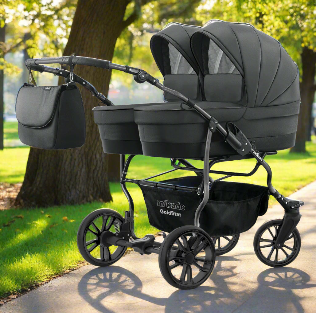 Carucior pentru gemeni 2 in 1 Mikado Goldstar GS-10 Grafit/Cadru negru/Roti negru carucior-gemeni