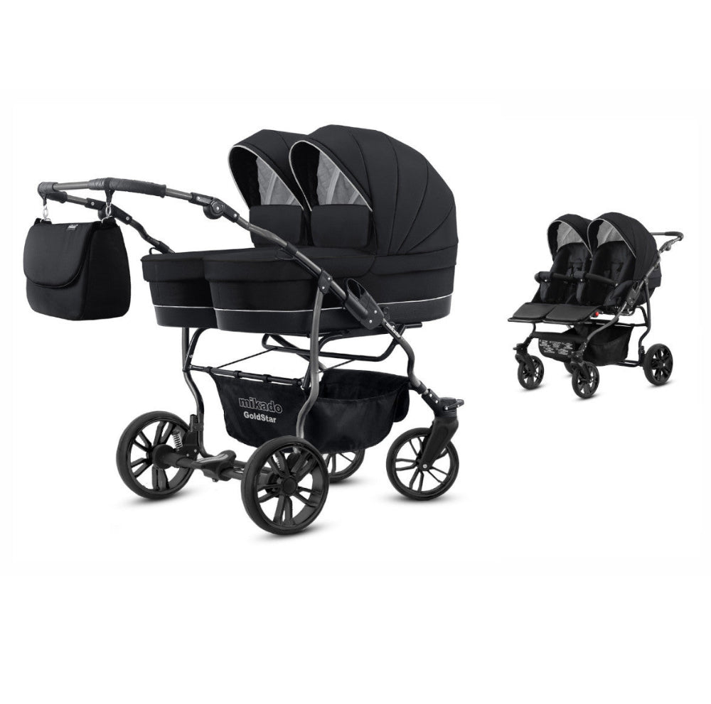 Carucior pentru gemeni 2 in 1 Mikado Goldstar GS-02 Negru/cadru negru/roti negre carucior-gemeni