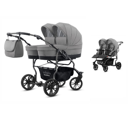 Carucior pentru gemeni 2 in 1 Mikado Goldstar GS-05 Gri/Cadru negru/Roti negre carucior-gemeni